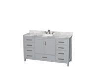 Wyndham Collection Sheffield 60 inch Single Bathroom Vanity in Gray White Carrera Marble Countertop Undermount Oval Sink and No Mirror