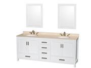 Wyndham Collection Sheffield 80 inch Double Bathroom Vanity in White Ivory Marble Countertop Undermount Oval Sinks and 24 inch Mirrors