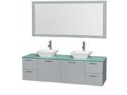 Wyndham Collection Amare 72 inch Double Bathroom Vanity in Dove Gray Green Glass Countertop Pyra White Porcelain Sinks and 70 inch Mirror