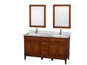 Wyndham Collection Hatton 60 inch Double Bathroom Vanity in Light Chestnut White Carrera Marble Countertop Undermount Square Sinks and 24 inch Mirrors