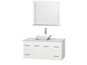 Wyndham Collection Centra 48 inch Single Bathroom Vanity in Matte White White Man Made Stone Countertop Pyra White Porcelain Sink and 36 inch Mirror