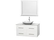 Wyndham Collection Centra 42 inch Single Bathroom Vanity in Matte White White Carrera Marble Countertop Avalon White Carrera Marble Sink and 36 inch Mirro