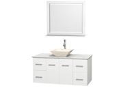 Wyndham Collection Centra 48 inch Single Bathroom Vanity in Matte White White Carrera Marble Countertop Pyra Bone Porcelain Sink and 36 inch Mirror