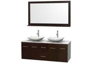 Wyndham Collection Centra 60 inch Double Bathroom Vanity in Espresso White Carrera Marble Countertop Arista White Carrera Marble Sinks and 58 inch Mirror
