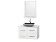 Wyndham Collection Centra 36 inch Single Bathroom Vanity in Matte White White Man Made Stone Countertop Altair Black Granite Sink and 24 inch Mirror