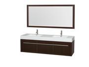 Wyndham Collection Axa 72 inch Double Bathroom Vanity in Espresso Acrylic Resin Countertop Integrated Sinks and 70 inch Mirror