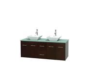Wyndham Collection Centra 60 inch Double Bathroom Vanity in Espresso Green Glass Countertop Pyra White Porcelain Sinks and No Mirror