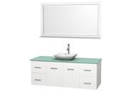 Wyndham Collection Centra 60 inch Single Bathroom Vanity in Matte White Green Glass Countertop Avalon White Carrera Marble Sink and 58 inch Mirror
