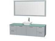 Wyndham Collection Amare 72 inch Single Bathroom Vanity in Dove Gray Green Glass Countertop Pyra White Porcelain Sink and 70 inch Mirror