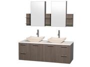 Wyndham Collection Amare 60 inch Double Bathroom Vanity in Gray Oak with White Man Made Stone Top with Ivory Marble Sinks and Medicine Cabinets