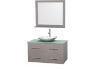 Wyndham Collection Centra 42 inch Single Bathroom Vanity in Gray Oak Green Glass Countertop Arista White Carrera Marble Sink and 36 inch Mirror