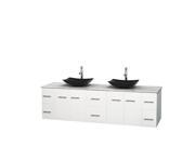 Wyndham Collection Centra 80 inch Double Bathroom Vanity in Matte White White Carrera Marble Countertop Arista Black Granite Sinks and No Mirror