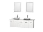 Wyndham Collection Centra 72 inch Double Bathroom Vanity in Matte White White Carrera Marble Countertop Avalon White Carrera Marble Sinks and 24 inch Mirr