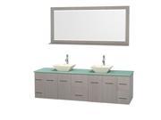 Wyndham Collection Centra 80 inch Double Bathroom Vanity in Gray Oak Green Glass Countertop Pyra Bone Porcelain Sinks and 70 inch Mirror