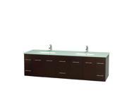 Wyndham Collection Centra 80 inch Double Bathroom Vanity in Espresso Green Glass Countertop Undermount Square Sinks and No Mirror