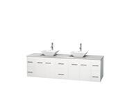 Wyndham Collection Centra 80 inch Double Bathroom Vanity in Matte White White Carrera Marble Countertop Pyra White Porcelain Sinks and No Mirror