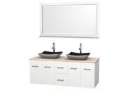 Wyndham Collection Centra 60 inch Double Bathroom Vanity in Matte White Ivory Marble Countertop Altair Black Granite Sinks and 58 inch Mirror
