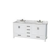 Wyndham Collection Sheffield 72 inch Double Bathroom Vanity in White White Carrera Marble Countertop Undermount Oval Sinks and No Mirror