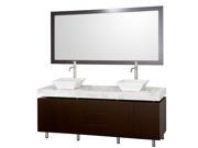Wyndham Collection Malibu 72 inch Double Bathroom Vanity in Espresso White Carrera Marble Countertop Pyra White Porcelain Sinks and 70 inch Mirror