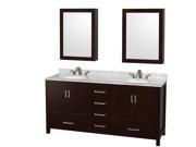 Wyndham Collection Sheffield 72 inch Double Bathroom Vanity in Espresso White Carrera Marble Countertop Undermount Oval Sinks and Medicine Cabinets