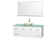Wyndham Collection Centra 60 inch Single Bathroom Vanity in Matte White Green Glass Countertop Pyra Bone Porcelain Sink and 58 inch Mirror