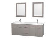 Wyndham Collection Centra 60 inch Double Bathroom Vanity in Gray Oak White Man Made Stone Countertop Undermount Square Sink and 24 inch Mirrors