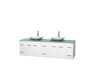 Wyndham Collection Centra 80 inch Double Bathroom Vanity in Matte White Green Glass Countertop Arista White Carrera Marble Sinks and No Mirror