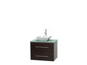 Wyndham Collection Centra 30 inch Single Bathroom Vanity in Espresso Green Glass Countertop Pyra White Porcelain Sink and No Mirror