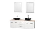 Wyndham Collection Centra 72 inch Double Bathroom Vanity in Matte White Ivory Marble Countertop Arista Black Granite Sinks and 24 inch Mirrors