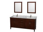 Wyndham Collection Hatton 72 inch Double Bathroom Vanity in Dark Chestnut White Carrera Marble Countertop Undermount Square Sinks and 24 inch Mirrors