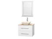 Wyndham Collection Centra 30 inch Single Bathroom Vanity in Matte White Ivory Marble Countertop Pyra Bone Porcelain Sink and 24 inch Mirror