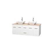 Wyndham Collection Centra 60 inch Double Bathroom Vanity in Matte White Ivory Marble Countertop Pyra White Porcelain Sinks and No Mirror