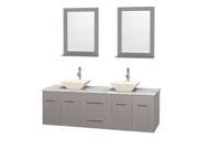 Wyndham Collection Centra 72 inch Double Bathroom Vanity in Gray Oak White Carrera Marble Countertop Pyra Bone Porcelain Sinks and 24 inch Mirrors