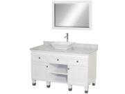 Wyndham Collection Premiere 48 inch Single Bathroom Vanity in White White Carrera Marble Countertop Pyra White Porcelain Sink and 24 inch Mirror