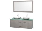 Wyndham Collection Centra 60 inch Double Bathroom Vanity in Gray Oak Green Glass Countertop Arista White Carrera Marble Sinks and 58 inch Mirror