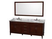 Wyndham Collection Hatton 80 inch Double Bathroom Vanity in Dark Chestnut White Carrera Marble Countertop Undermount Oval Sinks and 70 inch Mirror