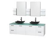 Wyndham Collection Amare 72 inch Double Bathroom Vanity in Glossy White Green Glass Countertop Arista Black Granite Sinks and Medicine Cabinets