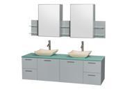 Wyndham Collection Amare 72 inch Double Bathroom Vanity in Dove Gray Green Glass Countertop Avalon Ivory Marble Sinks and Medicine Cabinet