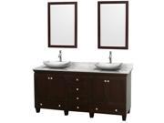 Wyndham Collection Acclaim 72 inch Double Bathroom Vanity in Espresso White Carrera Marble Countertop Arista White Carrera Marble Sinks and 24 inch Mirror
