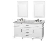 Wyndham Collection Berkeley 60 inch Double Bathroom Vanity in White with White Carrera Marble Top with White Undermount Oval Sinks and 24 inch Mirrors