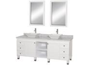 Wyndham Collection Premiere 72 inch Double Bathroom Vanity in White White Carrera Marble Countertop Pyra White Porcelain Sinks and 24 inch Mirrors