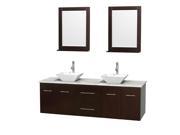 Wyndham Collection Centra 72 inch Double Bathroom Vanity in Espresso White Carrera Marble Countertop Pyra White Porcelain Sinks and 24 inch Mirrors