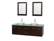 Wyndham Collection Centra 72 inch Double Bathroom Vanity in Espresso Green Glass Countertop Pyra Bone Porcelain Sinks and 24 inch Mirrors