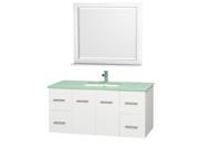 Wyndham Collection Centra 48 inch Single Bathroom Vanity in Matte White Green Glass Countertop Square Porcelain Undermount Sink and 36 inch Mirror