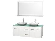 Wyndham Collection Centra 60 inch Double Bathroom Vanity in Matte White Green Glass Countertop Avalon White Carrera Marble Sinks and 58 inch Mirror