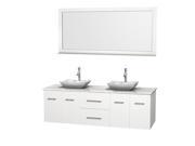 Wyndham Collection Centra 72 inch Double Bathroom Vanity in Matte White White Carrera Marble Countertop Avalon White Carrera Marble Sinks and 70 inch Mirr