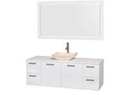 Wyndham Collection Amare 60 inch Single Bathroom Vanity in Glossy White White Man Made Stone Countertop Avalon Ivory Marble Sink and 58 inch Mirror