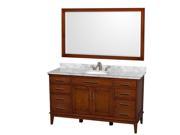 Wyndham Collection Hatton 60 inch Single Bathroom Vanity in Light Chestnut White Carrera Marble Countertop Undermount Oval Sink and 56 inch Mirror