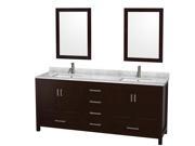 Wyndham Collection Sheffield 80 inch Double Bathroom Vanity in Espresso White Carrera Marble Countertop Undermount Square Sinks and 24 inch Mirrors