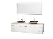 Wyndham Collection Centra 80 inch Double Bathroom Vanity in Matte White Ivory Marble Countertop Altair Black Granite Sinks and 70 inch Mirror